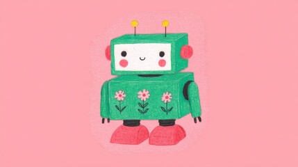 Fototapeta premium Cute green robot with flowers pastel children's illustration character design