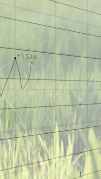 Vertical video: Grid fading, overlay moving trends and rising dot bars, showing growth over grass