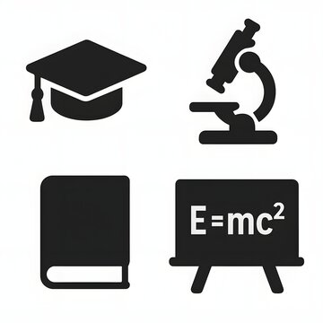 Education and Science Icon Set Vector - Black Solid Graduation Cap, Microscope, Closed Textbook, and Physics Formula Blackboard Symbols Isolated Template