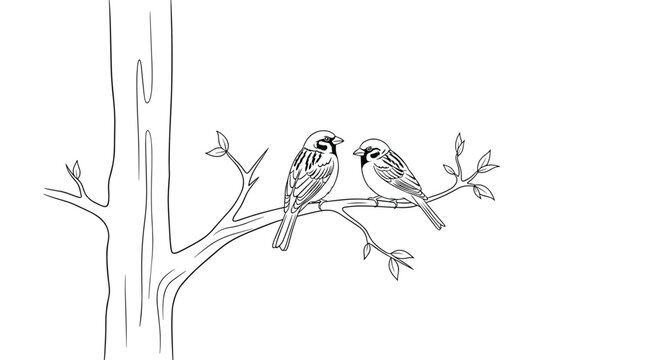 Delicate black and white line art illustration showing two sparrows perched together on a tree branch by a thick trunk.