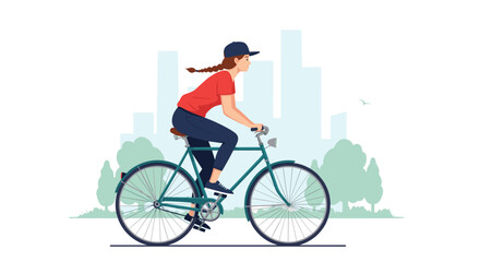 Fototapeta premium Young woman wearing a red shirt and cap riding a bicycle through a park with a stylized city skyline in the background.