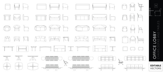 Office Furniture Line Icons – CAD Style Architectural Drawing Vector Set (Lobby Chairs, Sofas, Tables) © ScapeV