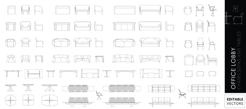 Office Furniture Line Icons &ndash; CAD Style Architectural Drawing Vector Set (Lobby Chairs, Sofas, Tables)