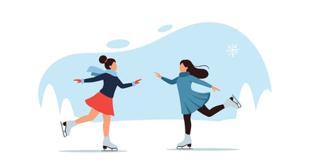 Obraz premium Two young women gracefully ice skating on a frozen lake with snowy mountains and abstract winter elements.