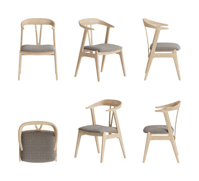 Set of six views of a chair with a wooden frame and legs, beige-covered seat isolated on a transparent background. Front view, top view, two sides, and two perspectives. 3d render