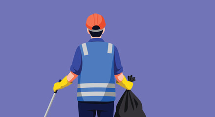 Fototapeta premium Sanitation worker in a blue safety vest and orange hard hat shown from behind holding a black trash bag and a litter picker tool.