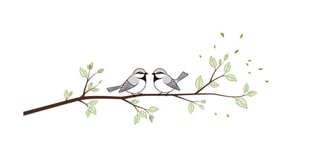 Obraz premium Pair of cute small birds perched on a leafy tree branch with green foliage against a clean and minimalist white background.