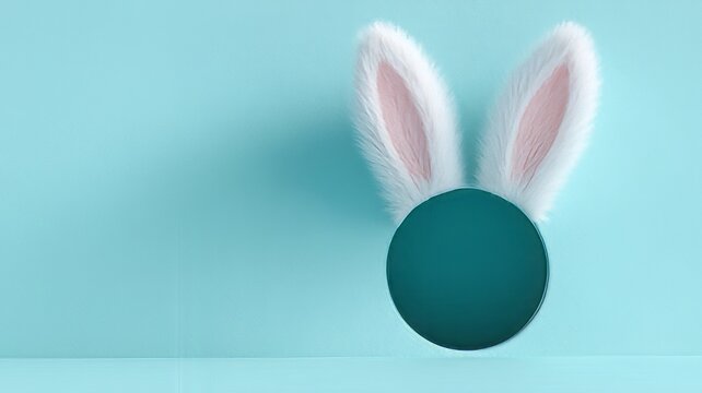 Minimalist Easter bunny ears with circular frame, fluffy white rabbit ears on blue background, creative holiday greeting card template with copy space