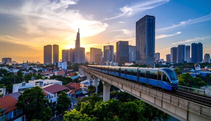 Fototapeta premium Modern elevated train travels through a cityscape with tall buildings, set against a stunning sunset with a colorful sky