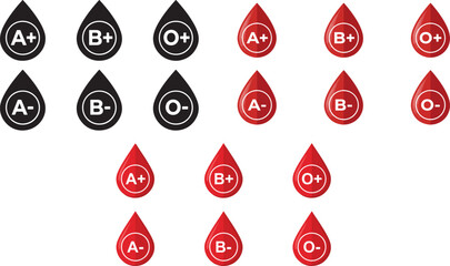 Blood type icons set featuring A B and O positive and negative drops in red and black silhouette styles isolated on white background for medical vector illustration © 403Forbidden