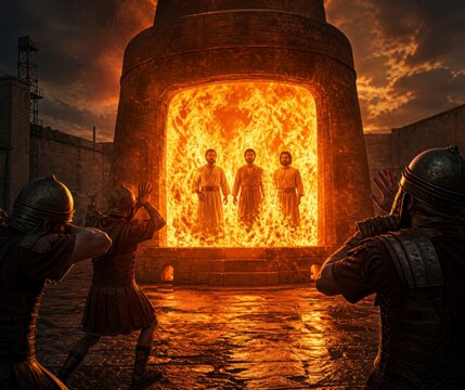 Biblical story, Three men stand unharmed within a blazing furnace as flames surround them, their calm defying terror while soldiers shield their faces under a dark sky of judgment and divine power.