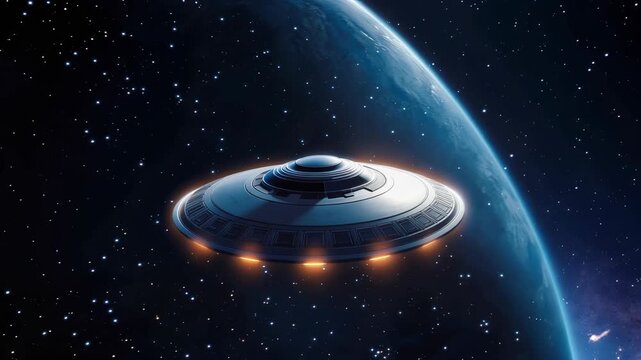 UFO Day World UFO Day celebration showing a sleek flying saucer, or unidentified flying object, orbiting Earth in deep space, glowing text highlighting the celestial event