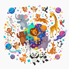 Naklejka premium Circle of cartoon animals with colorful cosmic decorations