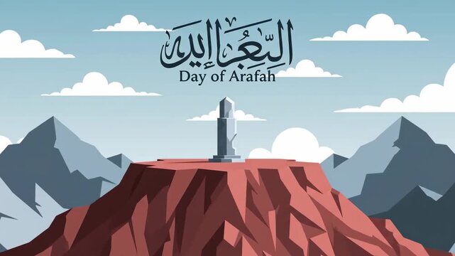 Beautiful Day of Arafah Illustration featuring Mount Arafat with Arabic calligraphy and a clear blue sky perfect for Islamic holiday greetings and religious educational content.