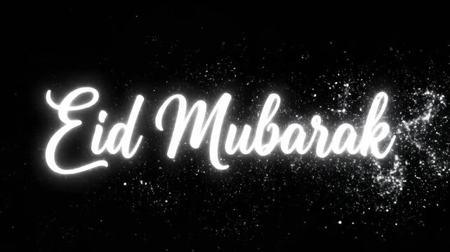 Elegant Eid Mubarak Greeting with glowing white cursive text and sparkling particles on black background for Islamic holiday celebrations and social media intros.
