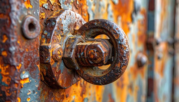 Close-up showcases a severely rusted metal fixture, possibly on a door, with peeling paint and significant corrosion. Focus is on bolt