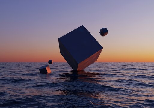 Deep, distorted landscape where impossible geometric solids defy gravity, floating over a churning sea under a vibrant, unsettling gradient sky, mystery, design, graphic