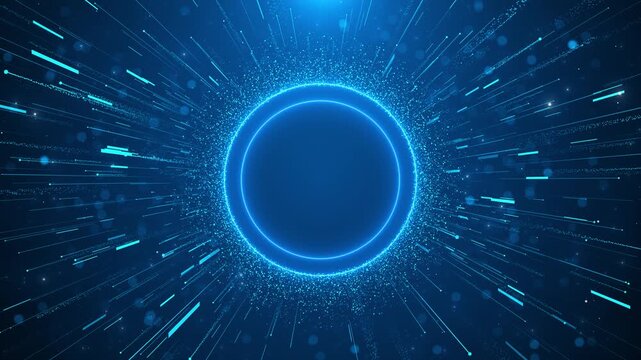 Blue energy circle burst background glowing orb, fast streaks, sparkling particles, tech space. AI videos, technology intros, data speed visuals, cyber screens, science promos, and futuristic overlays