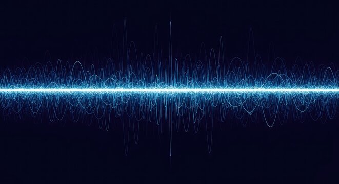 Dynamic visualization of complex sound waves or frequency oscillations, creating an abstract technical pattern against a dark blue background, effect, dark, technological