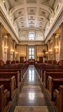 Interior perspective of a historic place of worship. Tall columns flank long rows of pews leading to a far window
