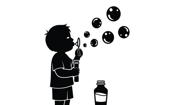 Silhouette of a boy blowing bubbles with a bubble solution bottle on a white background high quality professional detailed modern elegant stylish clean crisp