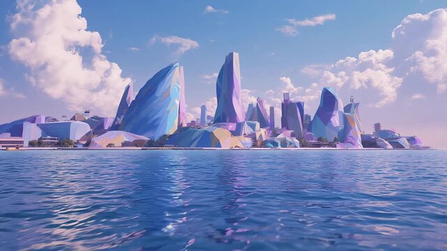 Futuristic pastel waterfront city with crystalline architecture and dreamlike skyline