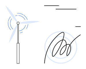 Renewable energy, sustainability, innovation, environmental technology, clean power, energy transition. A wind turbine with abstract line graphics. Renewable energy and sustainability visual concept © robu_s