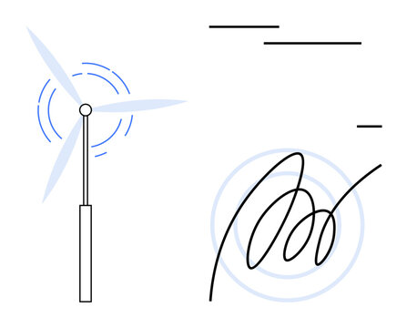 Renewable energy, sustainability, innovation, environmental technology, clean power, energy transition. A wind turbine with abstract line graphics. Renewable energy and sustainability visual concept