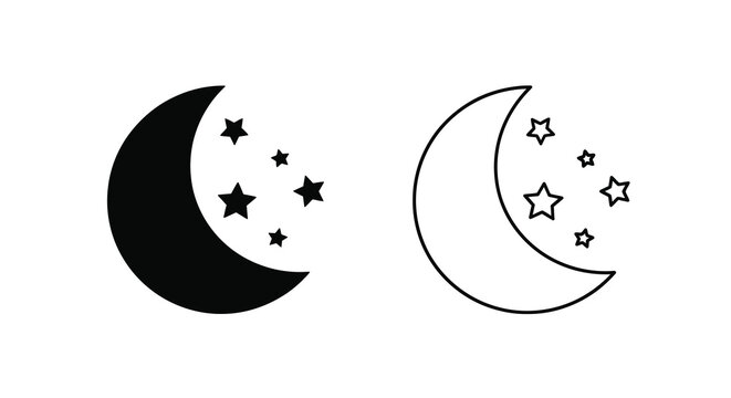 Crescent moon and stars silhouette and outline icons on white background