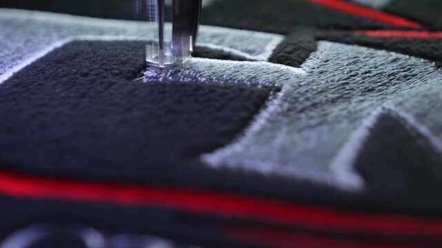 Machine embroidery on a black fleece blouse with red and grey thread. House roof embroidery. Selective focus close-up.