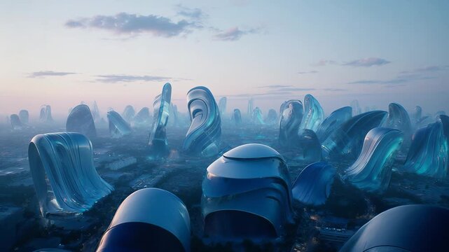 Futuristic blue megastructures forming an organic sci fi cityscape at dusk