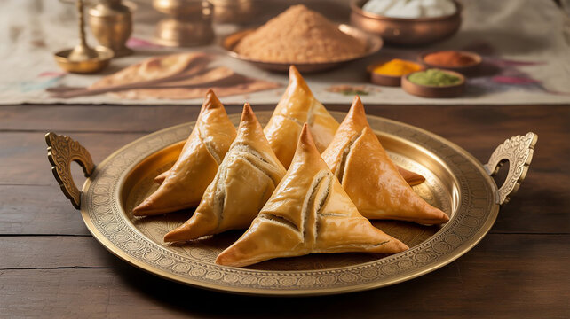 A styled food photograph featuring golden-brown triangular samsa pastries arranged on an ornate royal Indian Mughal thaal