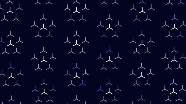 Seamless abstract science background with glowing purple molecular or chemical symbols drifting on a dark blue field, ideal for technology, biotech, and research visuals