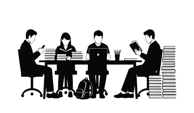 silhouette of a group of students and a professor seated around a table with books and technology high quality professional detailed modern elegant stylish