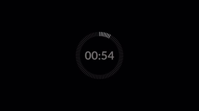 Digital countdown timer animation (60&ndash;0 seconds), transparent background, 4K video