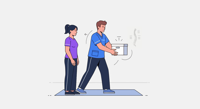 Man and woman learning proper box lifting technique for safe lifting and back health
