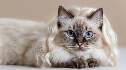 Obraz premium Blue eyed cat resting with long silky fur on surface