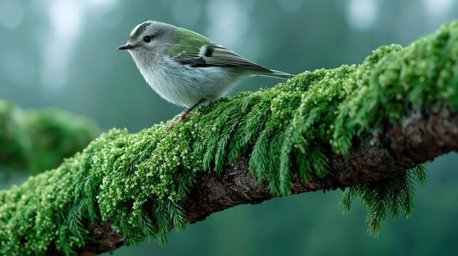 Small bird perched on mossy branch in misty temperate forest