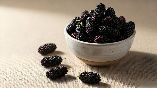Bowl of Fresh Black Mulberries Scattered on Linen Table