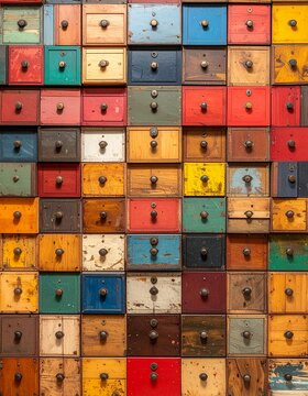 Assorted multicolor wooden drawer wall with mixed sizes front view