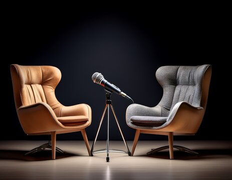 two chairs and microphones in podcast or interview room isolated on dark background