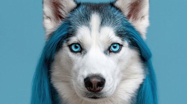 Husky with blue dyed fur and vivid blue eyes on blue backdrop
