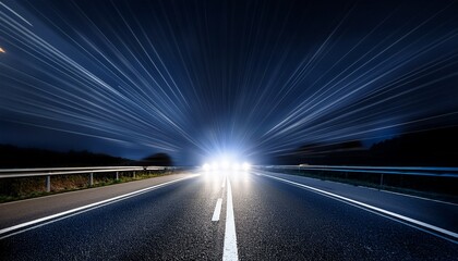 Obraz premium car headlights shining brightly in the dark night illuminating the road ahead with