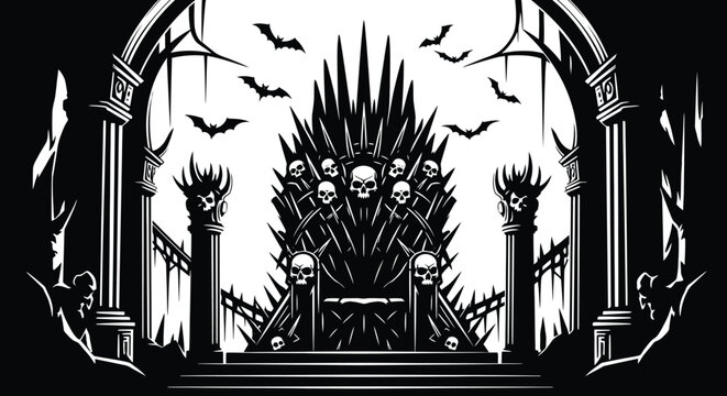 Dark fantasy throne, gothic architecture, black and white vector, spooky gate, horror elements