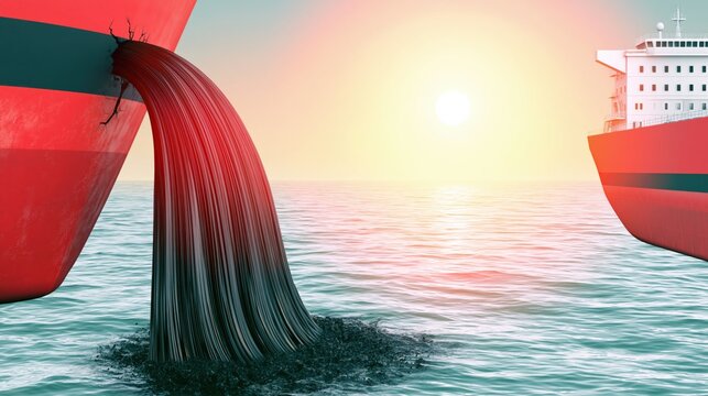 Large tanker discharging oil into ocean at sunset between vessels