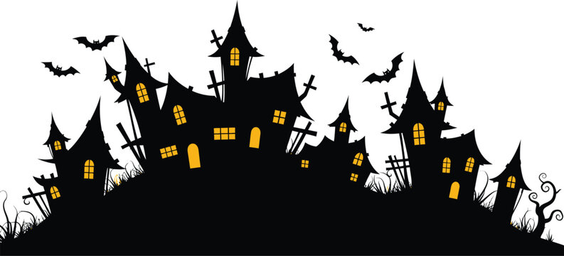 Halloween village, spooky castle, haunted houses, black silhouette, yellow windows