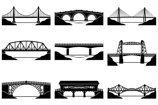 Set of nine iconic bridges in silhouette style - various types and designs.