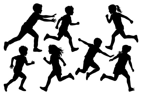 Silhouette of active children running in various poses.