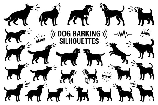 Dog barking silhouettes collection with various breeds in action.