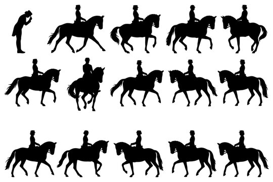 Silhouette of equestrian riders and horses in various poses.